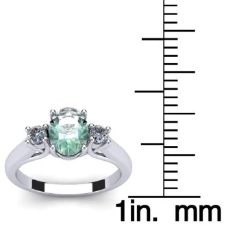 1 1/4 Carat Oval Shape Green Amethyst and Two Diamond Ring In 14 Karat White Gold