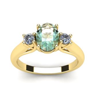 1 1/4 Carat Oval Shape Green Amethyst and Two Diamond Ring In 14 Karat Yellow Gold