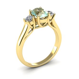 1 1/4 Carat Oval Shape Green Amethyst and Two Diamond Ring In 14 Karat Yellow Gold