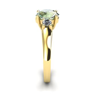 1 1/4 Carat Oval Shape Green Amethyst and Two Diamond Ring In 14 Karat Yellow Gold