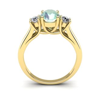 1 1/4 Carat Oval Shape Green Amethyst and Two Diamond Ring In 14 Karat Yellow Gold