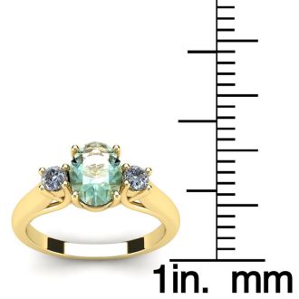 1 1/4 Carat Oval Shape Green Amethyst and Two Diamond Ring In 14 Karat Yellow Gold