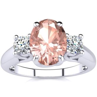 1-1/3 Carat Oval Shape Morganite and Two Diamond Ring In 14 Karat White Gold