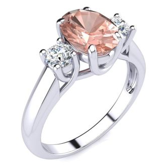 1-1/3 Carat Oval Shape Morganite and Two Diamond Ring In 14 Karat White Gold