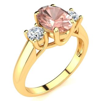 1-1/3 Carat Oval Shape Morganite and Two Diamond Ring In 14 Karat Yellow Gold