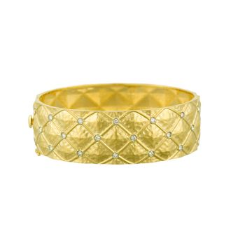 18 Karat Yellow Gold 22.0mm Patterned Bracelet With Hammered Finish & Diamond Accents