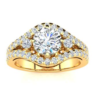 14K Yellow Gold 2 Carat Fancy Diamond Engagement Ring, With 1.25 Carat Center