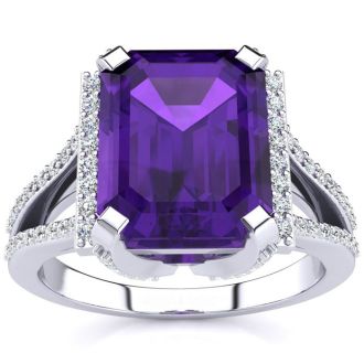 4 Carat Amethyst and Halo Diamond Ring In 14 Karat White Gold