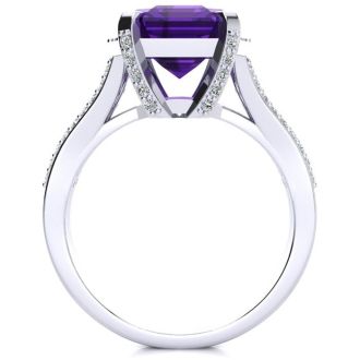 4 Carat Amethyst and Halo Diamond Ring In 14 Karat White Gold