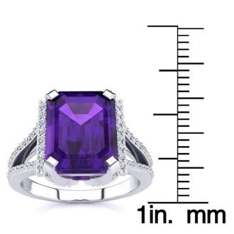 3 1/2 Carat Amethyst and Halo Diamond Ring In 14 Karat White Gold