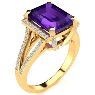 4 Carat Amethyst and Halo Diamond Ring In 14 Karat Yellow Gold

