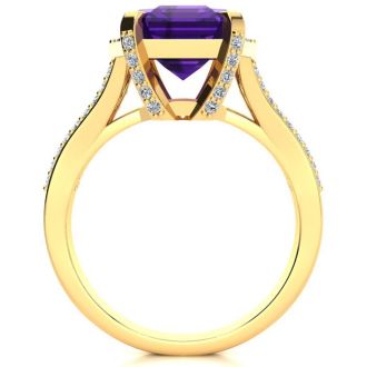 3 1/2 Carat Amethyst and Halo Diamond Ring In 14 Karat Yellow Gold
