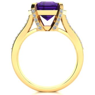 4 Carat Amethyst and Halo Diamond Ring In 14 Karat Yellow Gold
