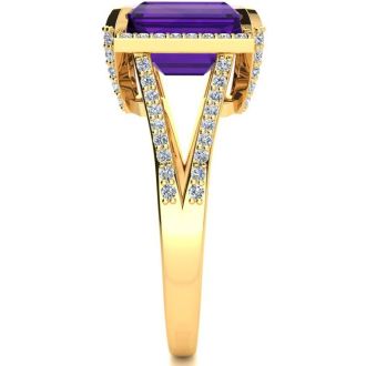 4 Carat Amethyst and Halo Diamond Ring In 14 Karat Yellow Gold
