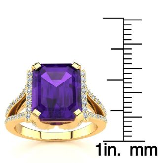 4 Carat Amethyst and Halo Diamond Ring In 14 Karat Yellow Gold
