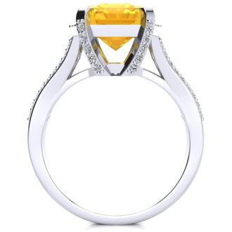 4 Carat Citrine and Halo Diamond Ring In 14 Karat White Gold