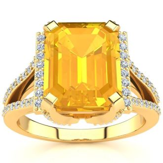 4 Carat Citrine and Halo Diamond Ring In 14 Karat Yellow Gold