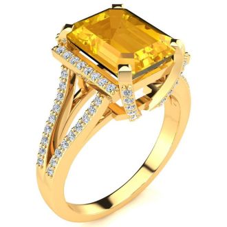 4 Carat Citrine and Halo Diamond Ring In 14 Karat Yellow Gold