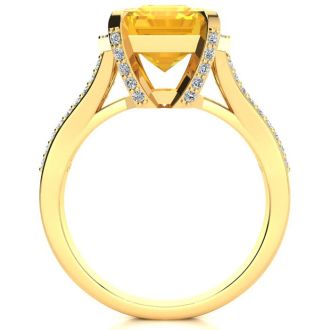 4 Carat Citrine and Halo Diamond Ring In 14 Karat Yellow Gold