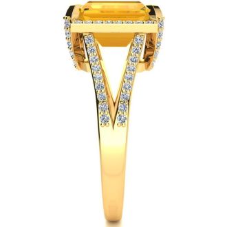 4 Carat Citrine and Halo Diamond Ring In 14 Karat Yellow Gold