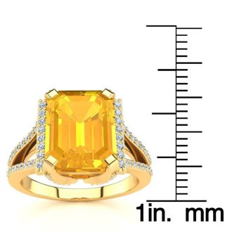 4 Carat Citrine and Halo Diamond Ring In 14 Karat Yellow Gold