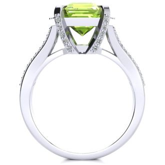 4 Carat Peridot and Halo Diamond Ring In 14 Karat White Gold
