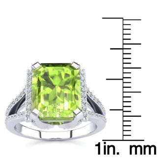 4 Carat Peridot and Halo Diamond Ring In 14 Karat White Gold
