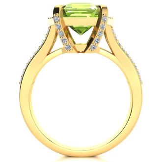 4 Carat Peridot and Halo Diamond Ring In 14 Karat Yellow Gold

