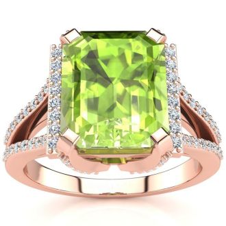 4 Carat Peridot and Halo Diamond Ring In 14 Karat Rose Gold
