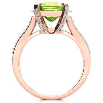 4 Carat Peridot and Halo Diamond Ring In 14 Karat Rose Gold
