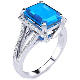 4 Carat Blue Topaz and Halo Diamond Ring In 14 Karat White Gold
