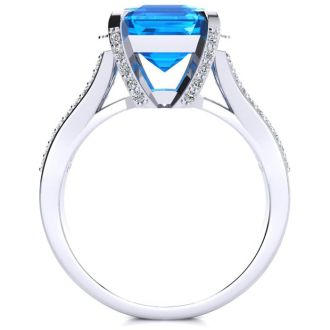 4 Carat Blue Topaz and Halo Diamond Ring In 14 Karat White Gold

