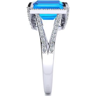 4 Carat Blue Topaz and Halo Diamond Ring In 14 Karat White Gold
