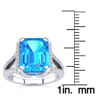 4 Carat Blue Topaz and Halo Diamond Ring In 14 Karat White Gold
