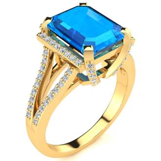 4 Carat Blue Topaz and Halo Diamond Ring In 14 Karat Yellow Gold
