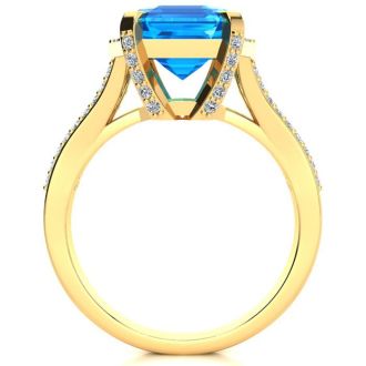 4 1/3 Carat Blue Topaz and Halo Diamond Ring In 14 Karat Yellow Gold
