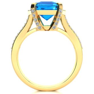 4 Carat Blue Topaz and Halo Diamond Ring In 14 Karat Yellow Gold

