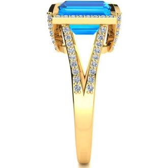 4 1/3 Carat Blue Topaz and Halo Diamond Ring In 14 Karat Yellow Gold
