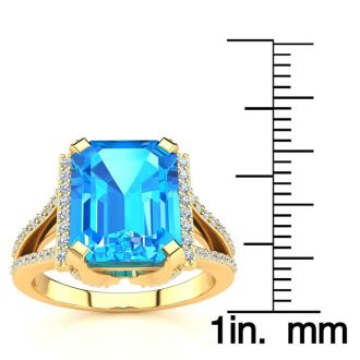 4 Carat Blue Topaz and Halo Diamond Ring In 14 Karat Yellow Gold
