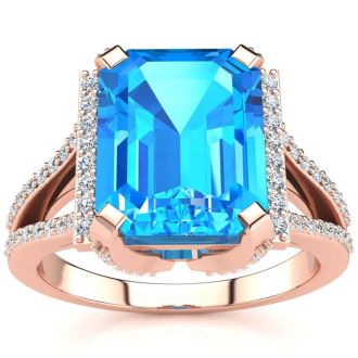 4 1/3 Carat Blue Topaz and Halo Diamond Ring In 14 Karat Rose Gold
