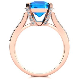 4 1/3 Carat Blue Topaz and Halo Diamond Ring In 14 Karat Rose Gold
