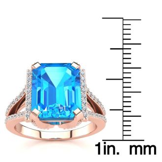 4 Carat Blue Topaz and Halo Diamond Ring In 14 Karat Rose Gold
