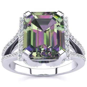 4 Carat Octoagon Shape Mystic Topaz Ring With Diamonds In 14 Karat White Gold