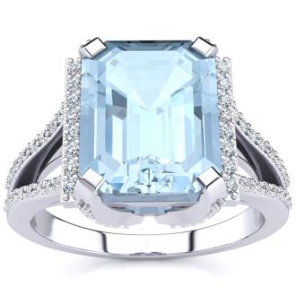Aquamarine Ring: Aquamarine Jewelry: 3 1/2 Carat Aquamarine and Halo Diamond Ring In 14 Karat White Gold
