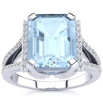 Aquamarine Ring: Aquamarine Jewelry: 4 Carat Aquamarine and Halo Diamond Ring In 14 Karat White Gold
