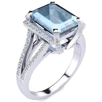 Aquamarine Ring: Aquamarine Jewelry: 3 1/2 Carat Aquamarine and Halo Diamond Ring In 14 Karat White Gold
