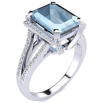 Aquamarine Ring: Aquamarine Jewelry: 4 Carat Aquamarine and Halo Diamond Ring In 14 Karat White Gold
