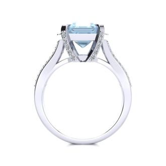 Aquamarine Ring: Aquamarine Jewelry: 4 Carat Aquamarine and Halo Diamond Ring In 14 Karat White Gold
