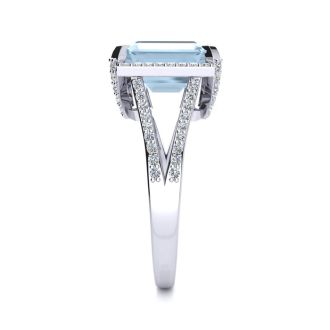 Aquamarine Ring: Aquamarine Jewelry: 4 Carat Aquamarine and Halo Diamond Ring In 14 Karat White Gold
