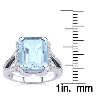 Aquamarine Ring: Aquamarine Jewelry: 4 Carat Aquamarine and Halo Diamond Ring In 14 Karat White Gold
